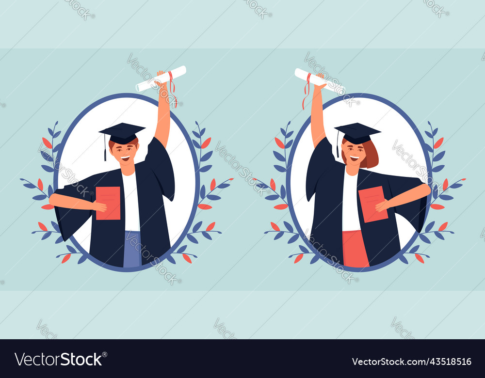 Graduates in a frame with diploma and scroll