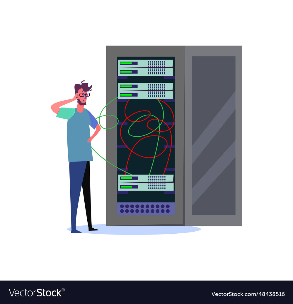 Man standing and looking at internet database vector image Man standing and looking at internet database