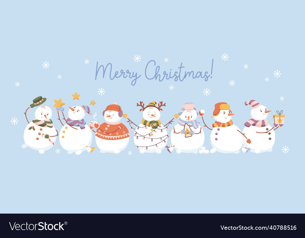 Merry christmas banner with cute happy snowmen vector image Merry christmas banner with cute happy snowmen