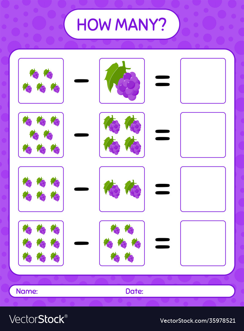 How many counting game grape worksheet vector image How many counting game grape worksheet