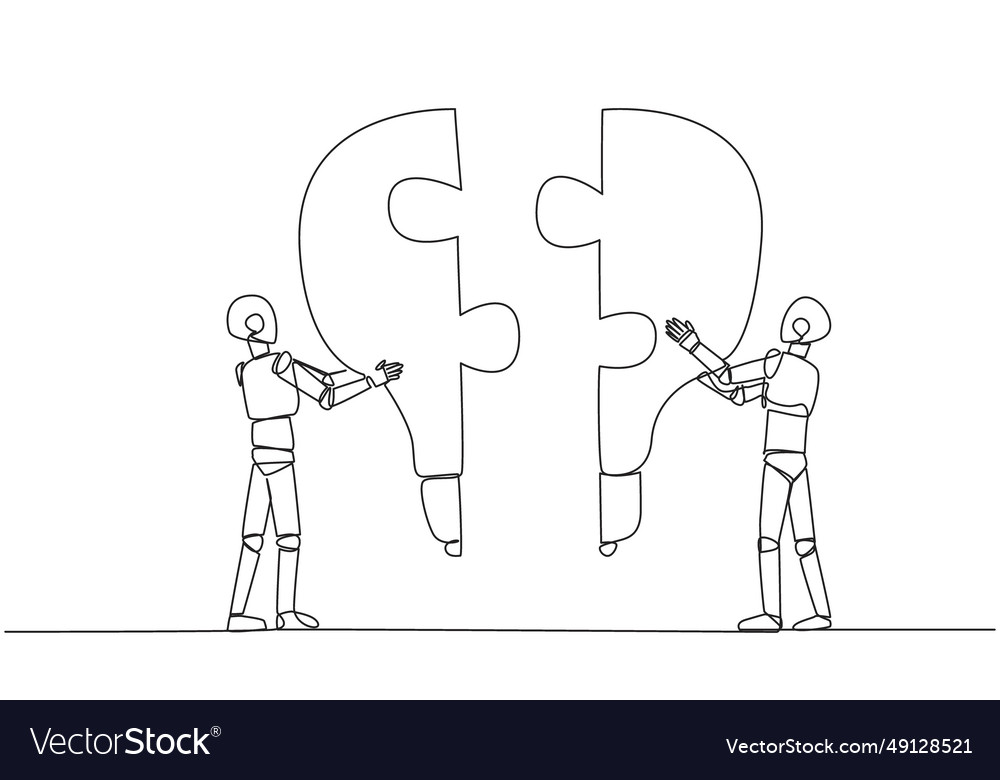 Single one line drawing two robots holding up vector image Single one line drawing two robots holding up