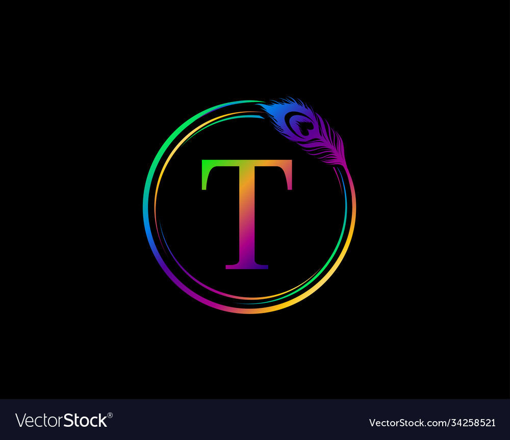 T letter decorated with hologram color peacock