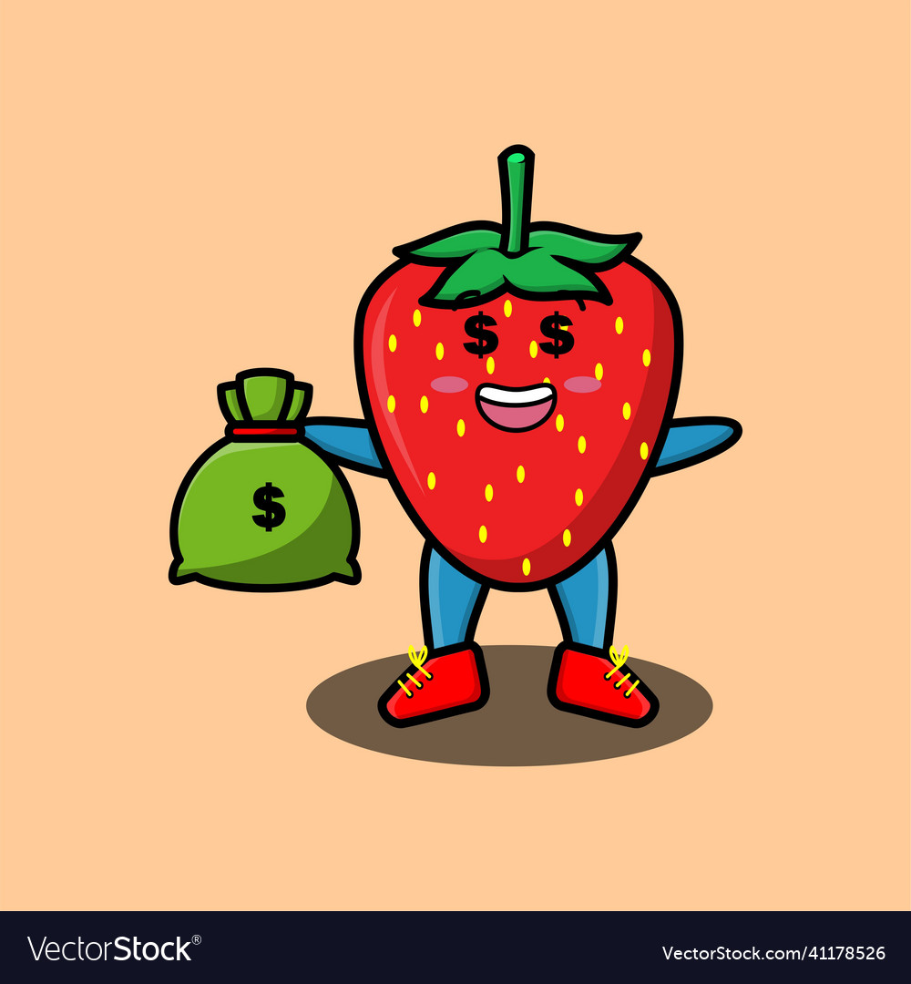 Cute cartoon crazy rich strawberry with bank sack