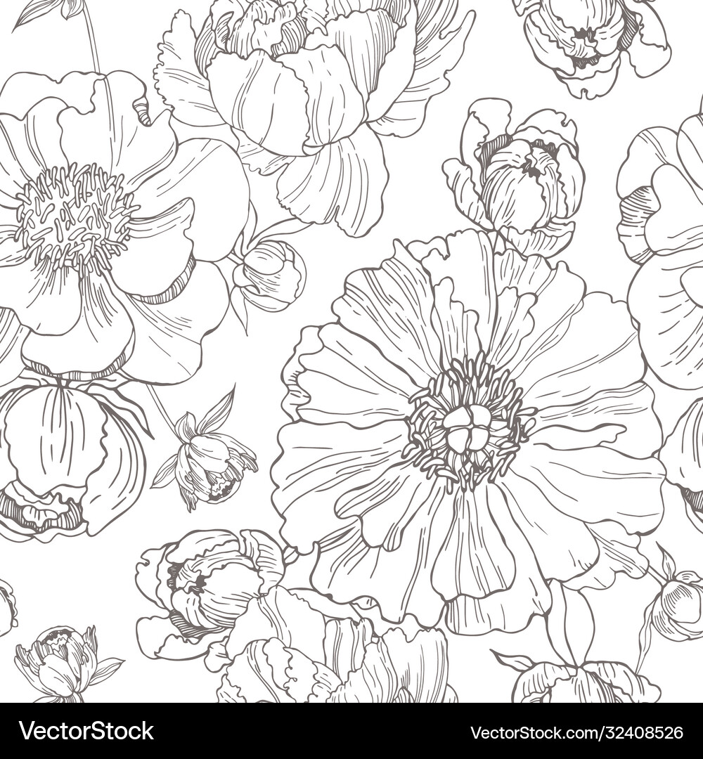 Hand drawn peonies seamless pattern Royalty Free Vector
