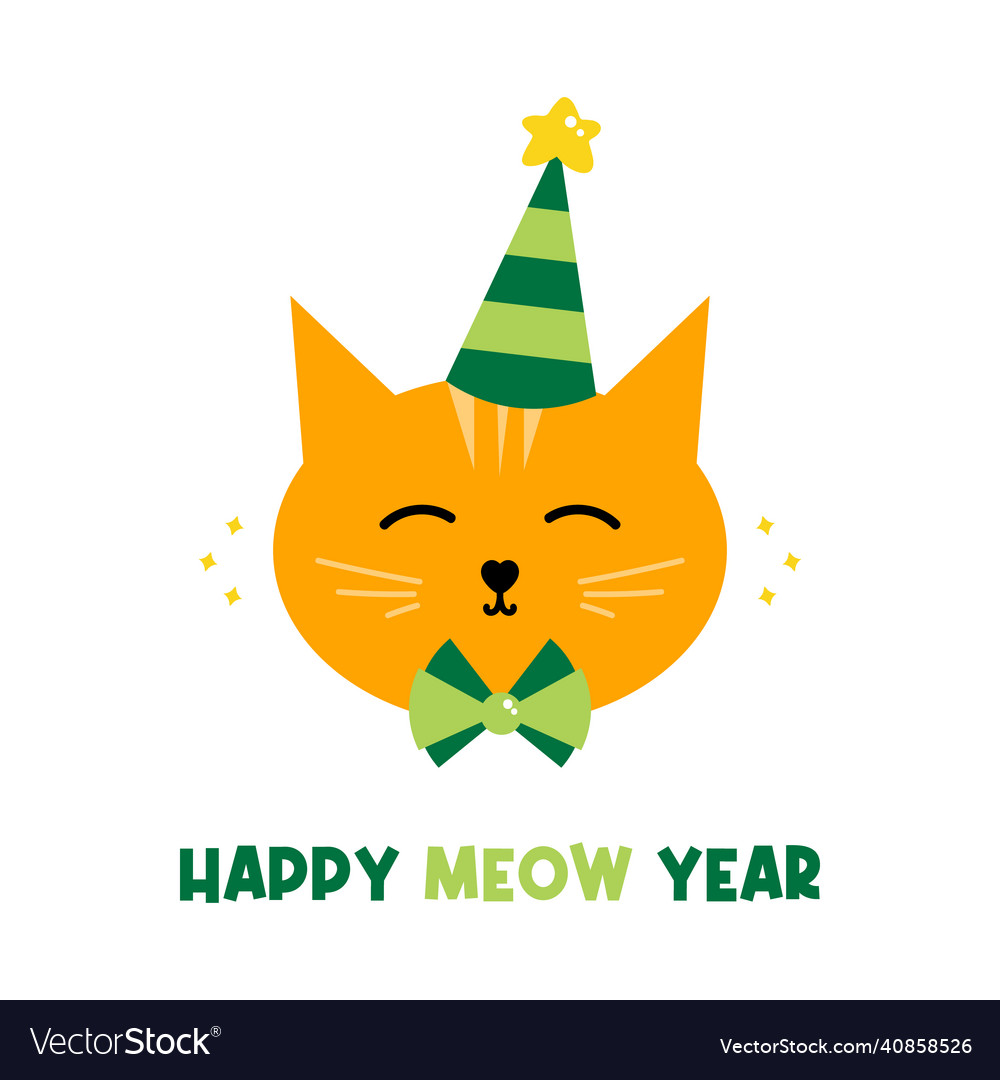 Happy Meow Year Greeting Card With Cat Royalty Free Vector