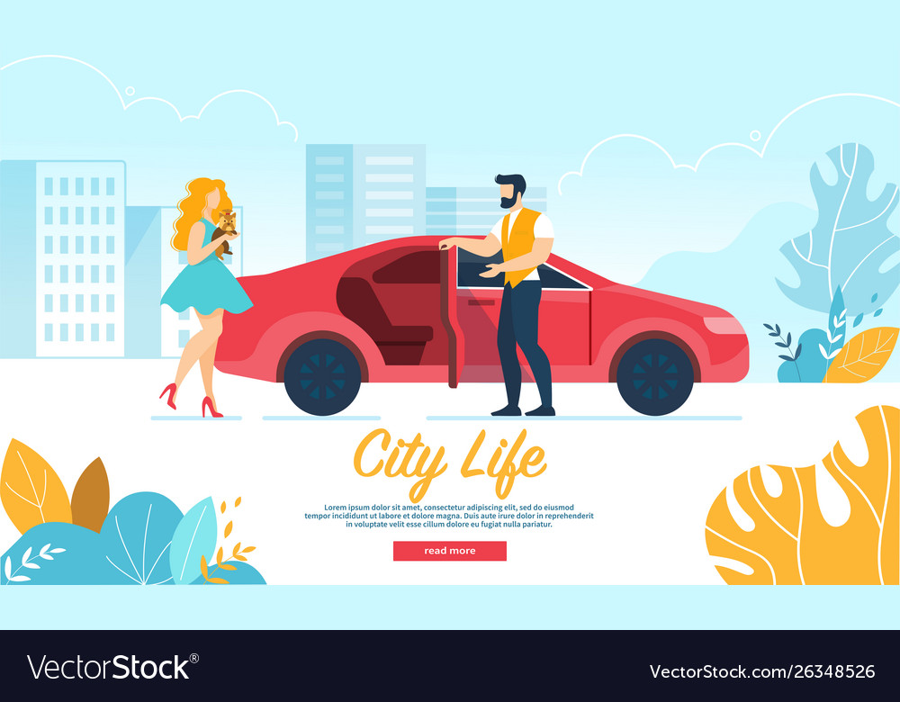 Man open car door inviting adorable woman come vector image Man open car door inviting adorable woman come
