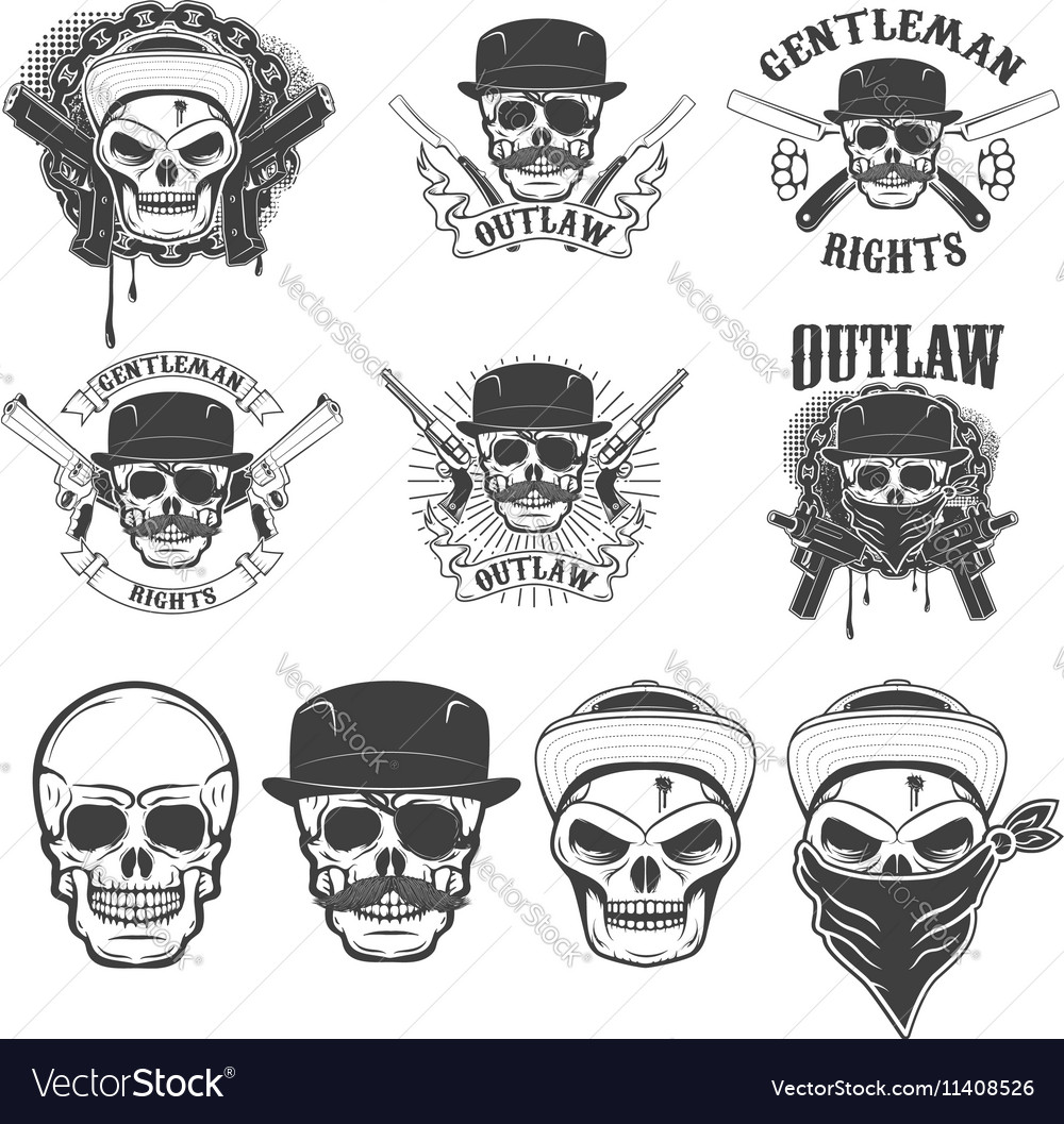 Set stickers with gangster skulls and Royalty Free Vector