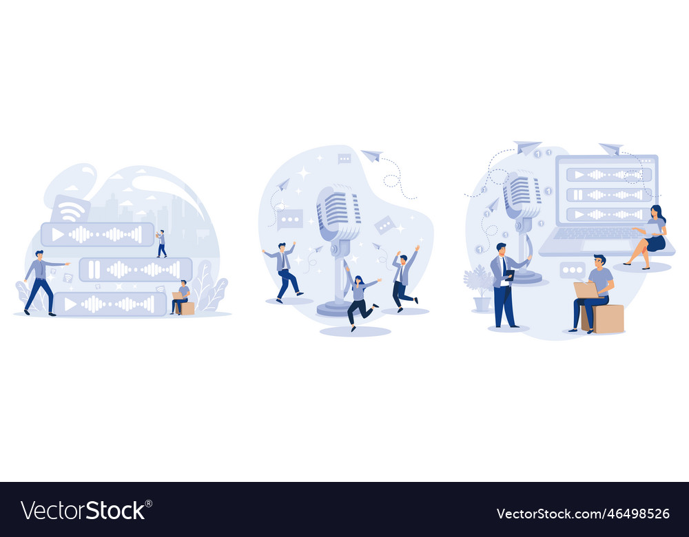 Voice messages concept tiny people use microphone