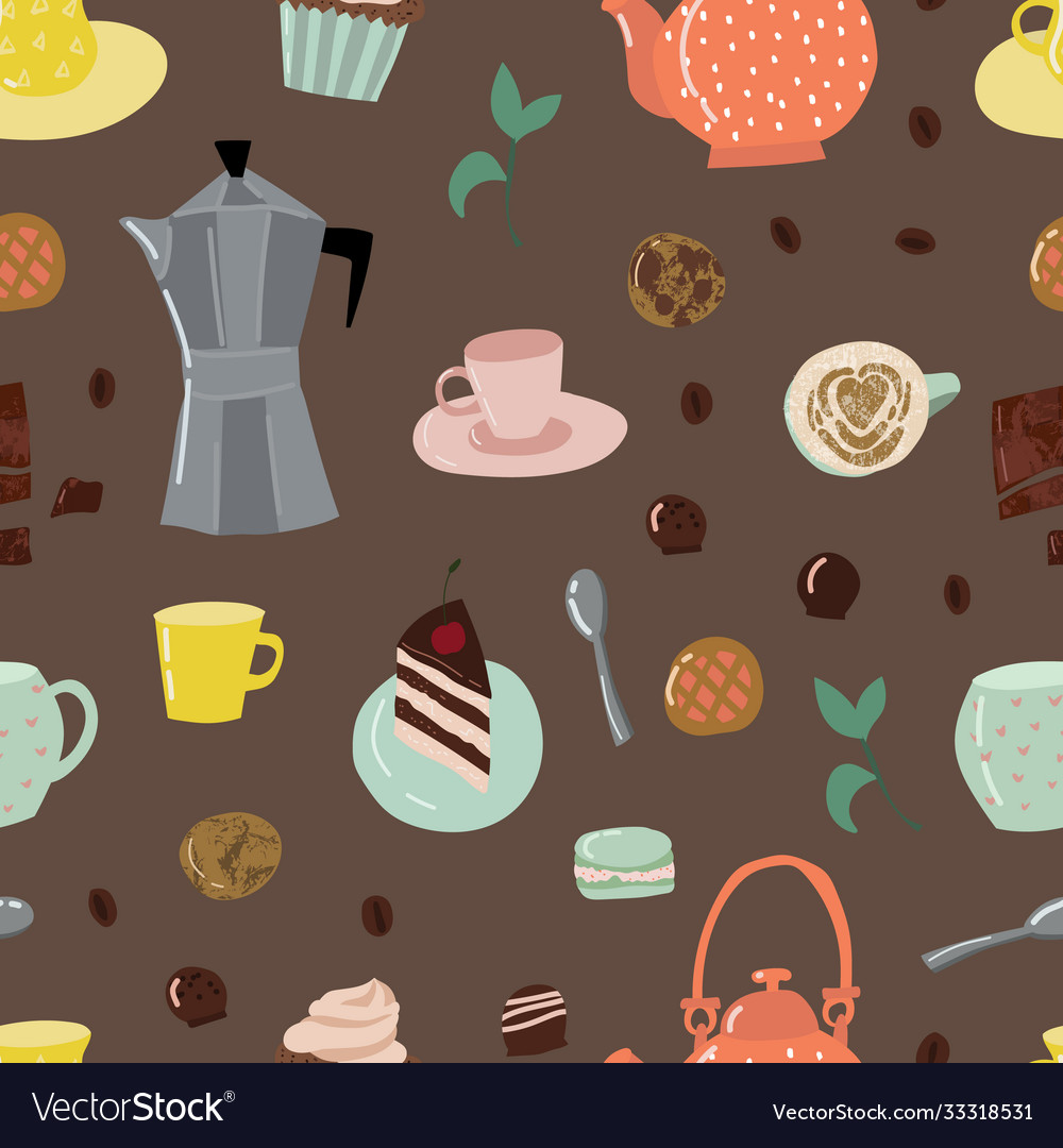 Cartoon color tea and sweets seamless pattern