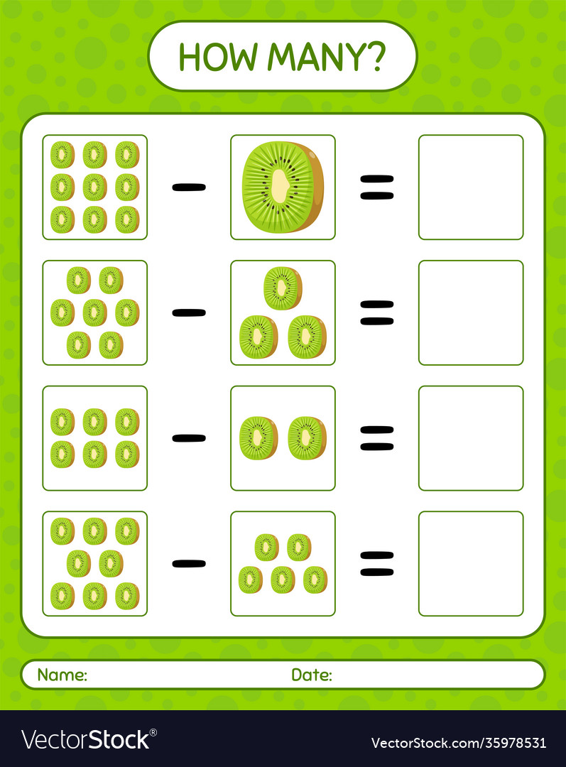 How many counting game kiwi worksheet vector image How many counting game kiwi worksheet