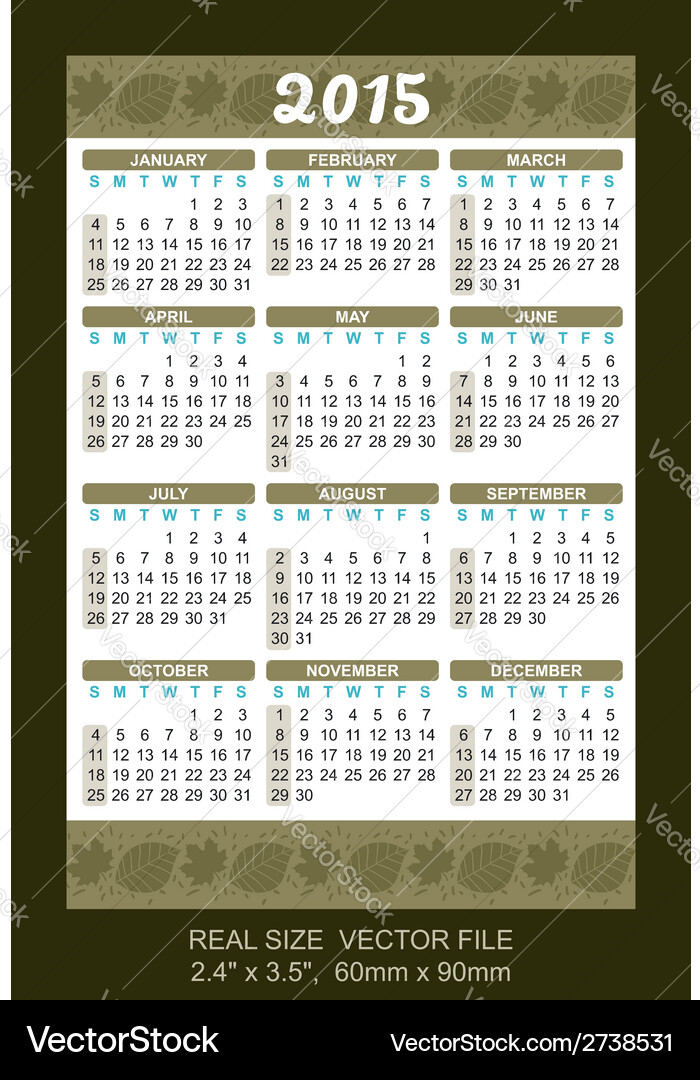 Wallet Calendar 2015 Start On Sunday Royalty Free Vector