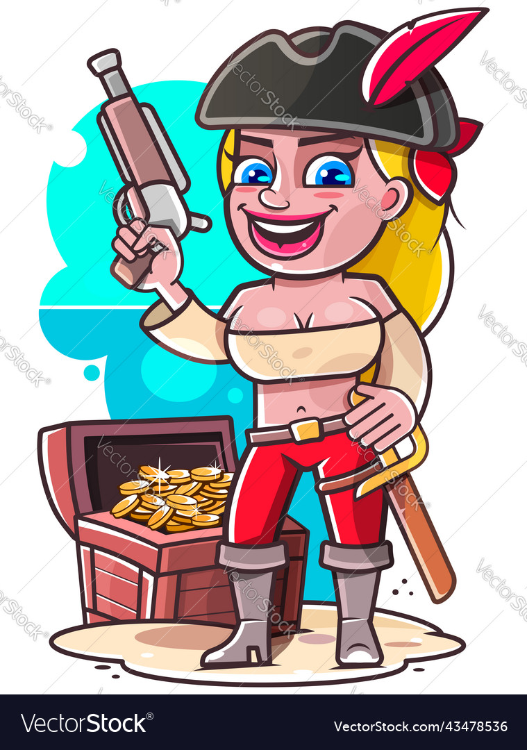 Beautiful pirate woman in big hat with a flint Vector Image