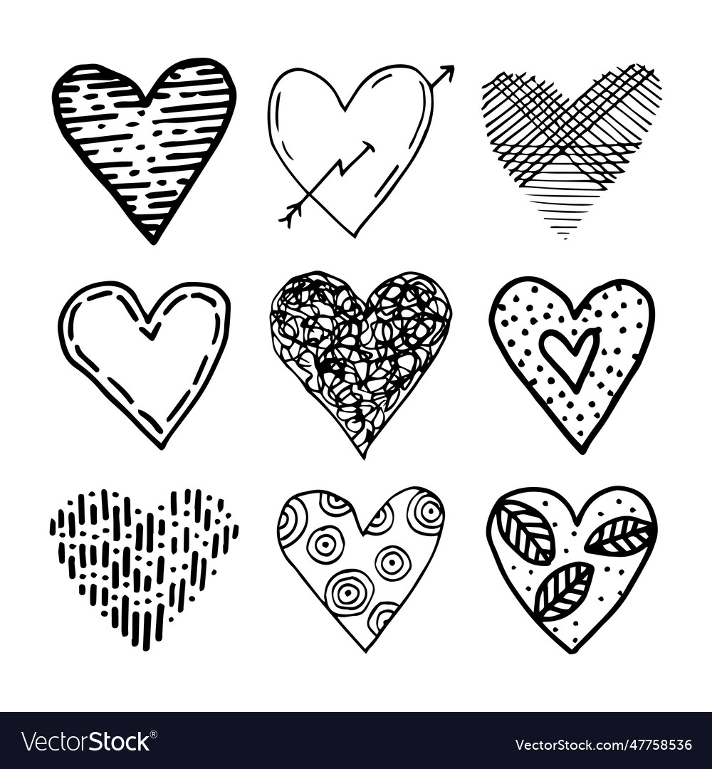 Doodle hand drawn heart drawings set