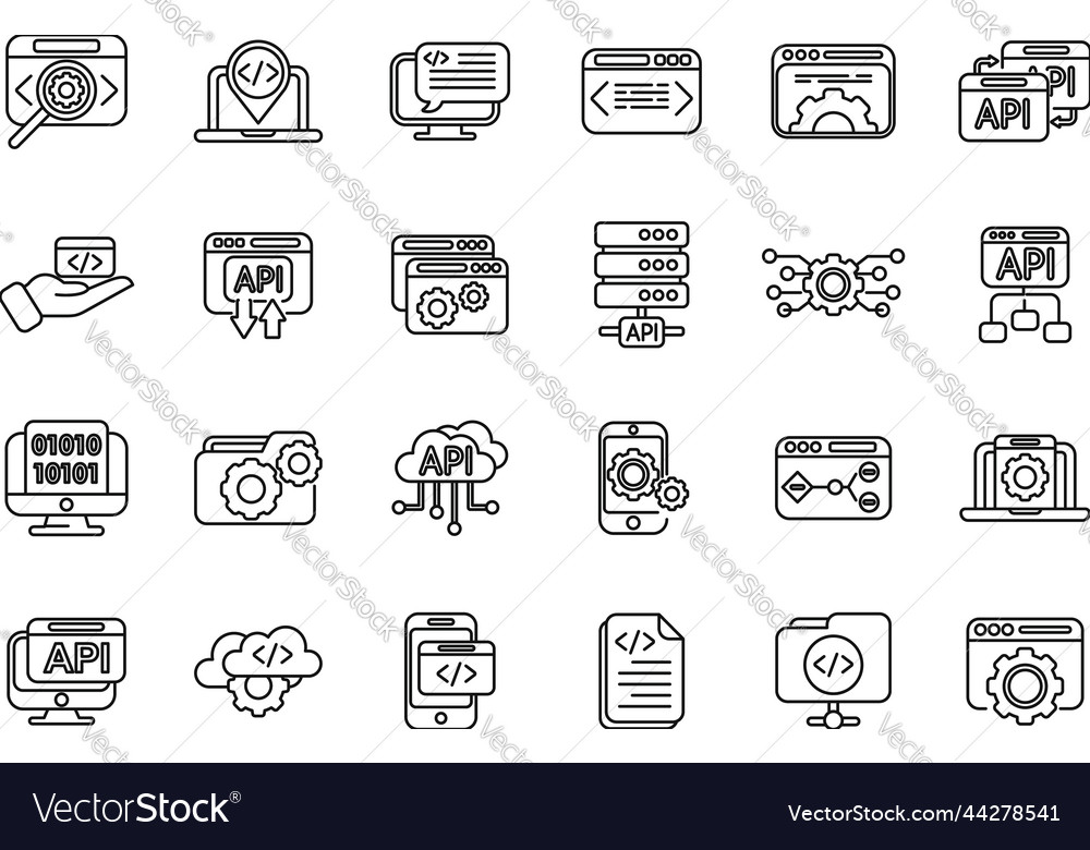 Api icons set outline code develop Royalty Free Vector Image
