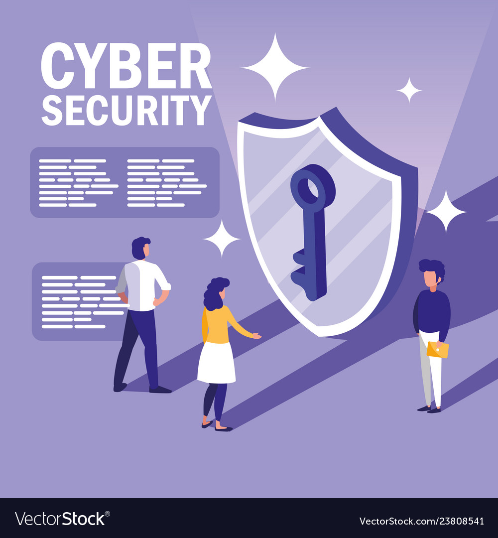 Mini people with shield and cyber security Vector Image