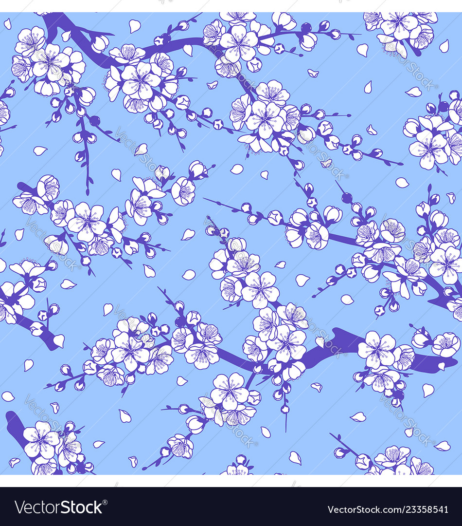 Seamless pattern with flowering branches on blue Vector Image