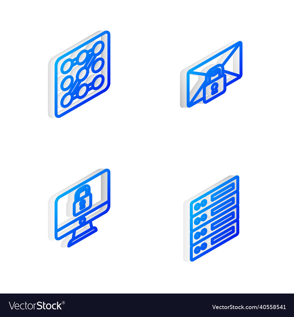 Set isometric line mail message lock password vector image Set isometric line mail message lock password