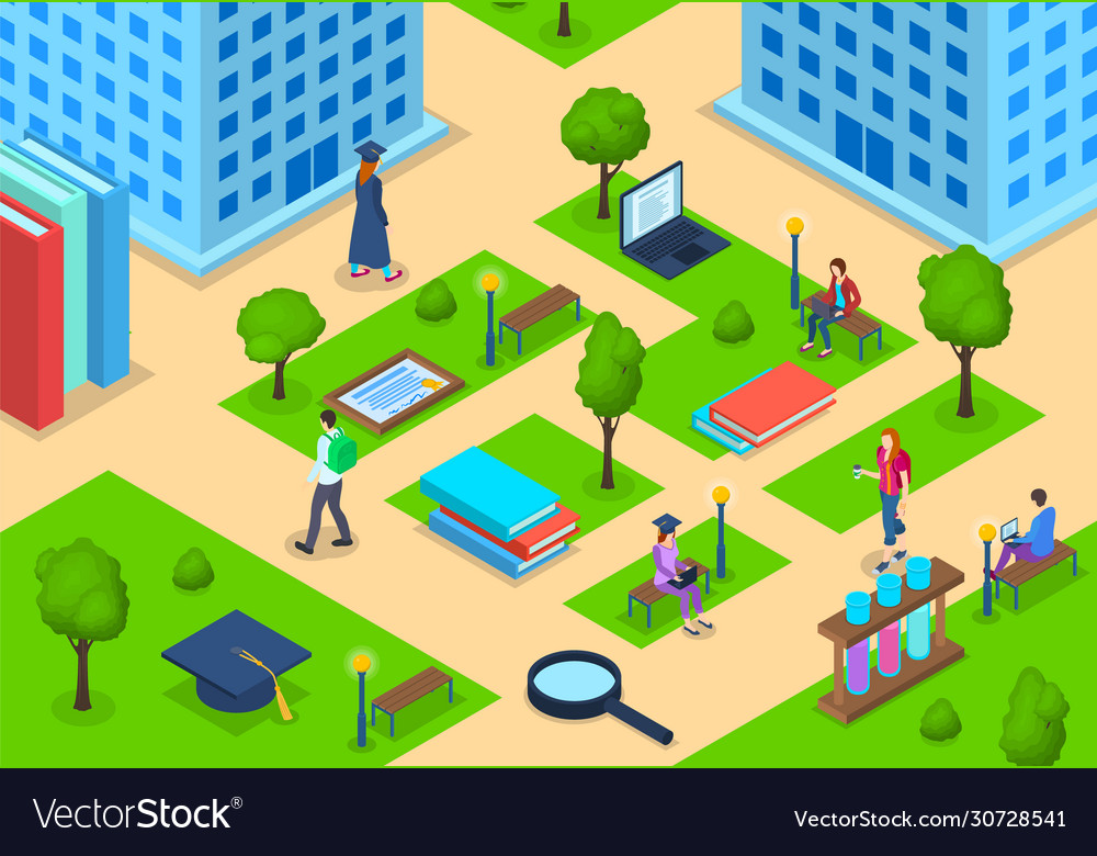 Students in university campus building concept 3d vector image Students in university campus building concept 3d