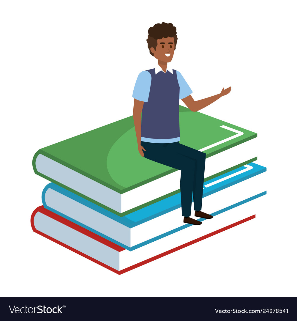 Young black teacher male sitting in books