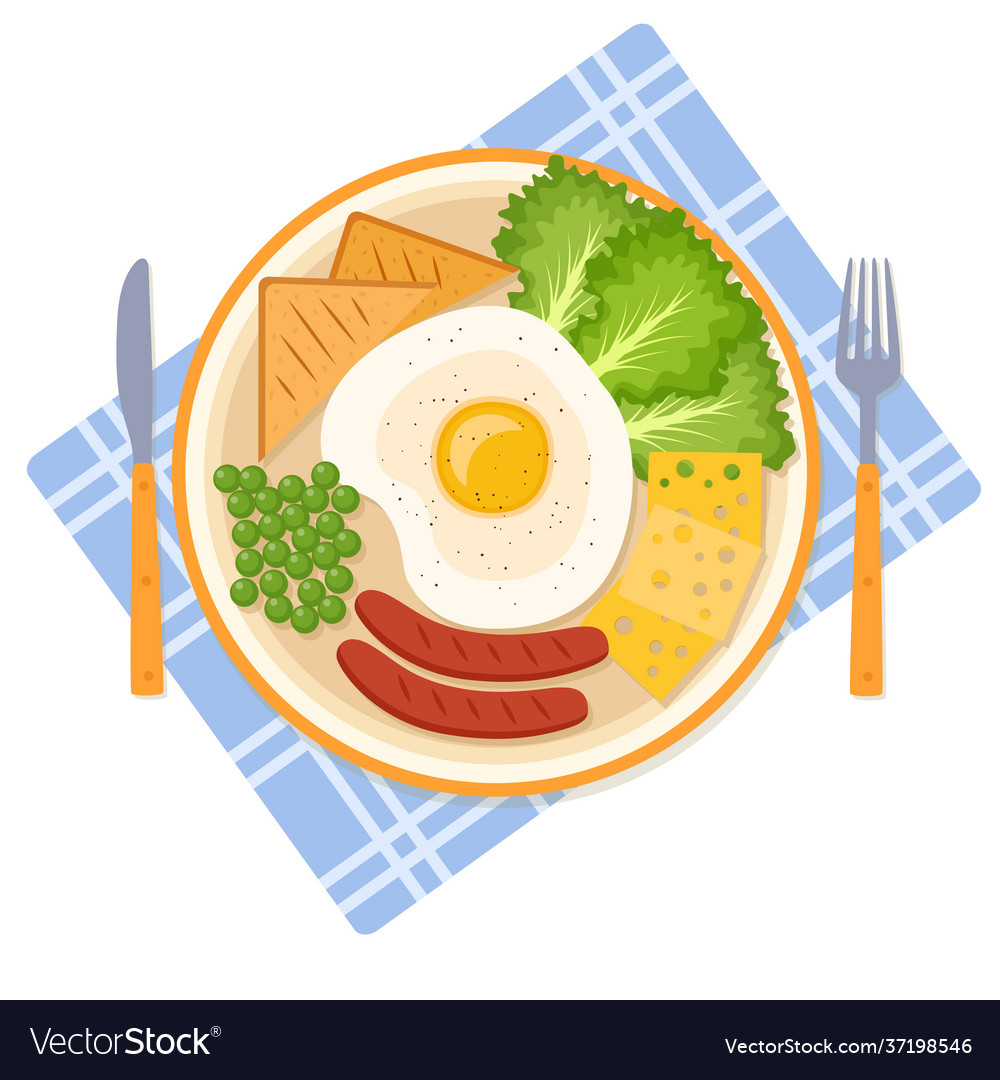 Breakfast with fried egg peas sausages greens Vector Image