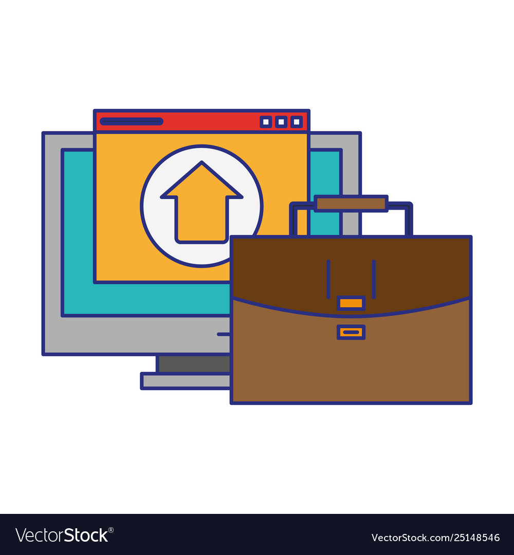 Computer with upload sign and briefcase vector image Computer with upload sign and briefcase