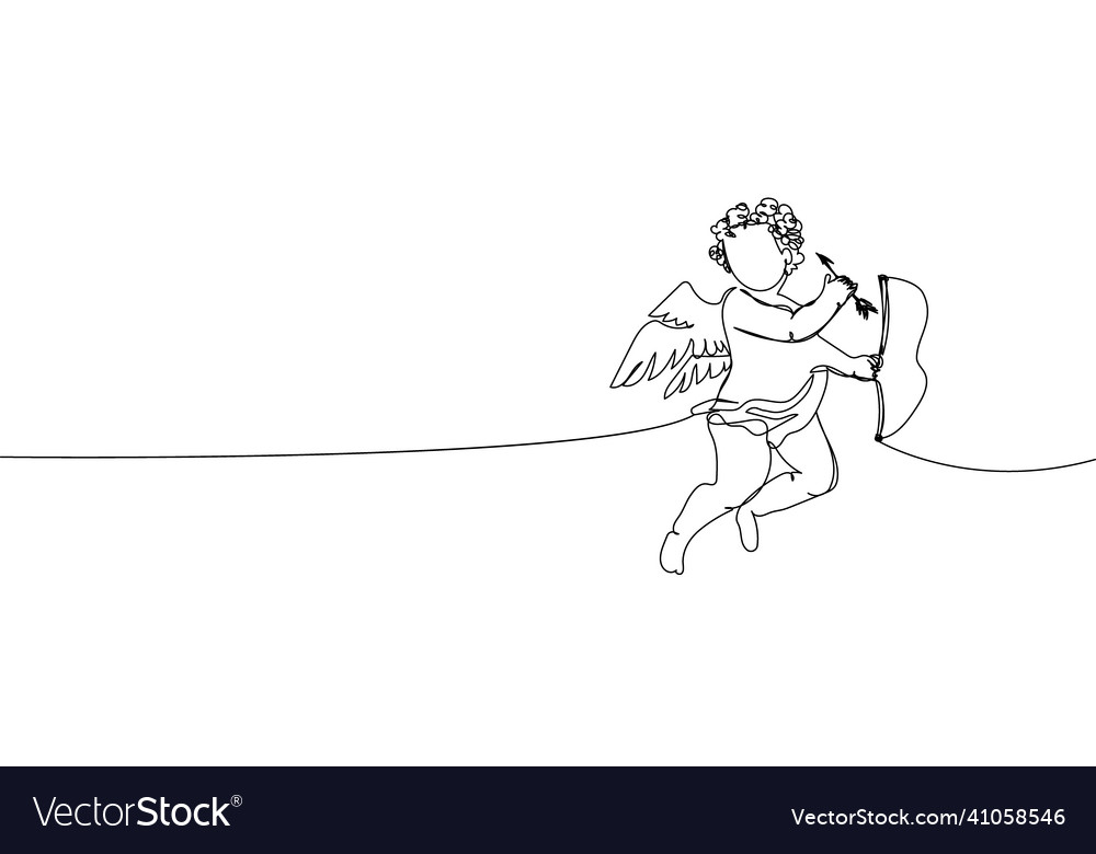 Cupid with bow and arrow continuous line drawing vector image Cupid with bow and arrow continuous line drawing
