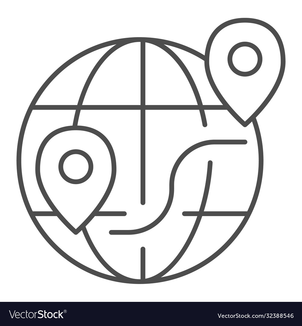 Globe with location pins and route thin line icon