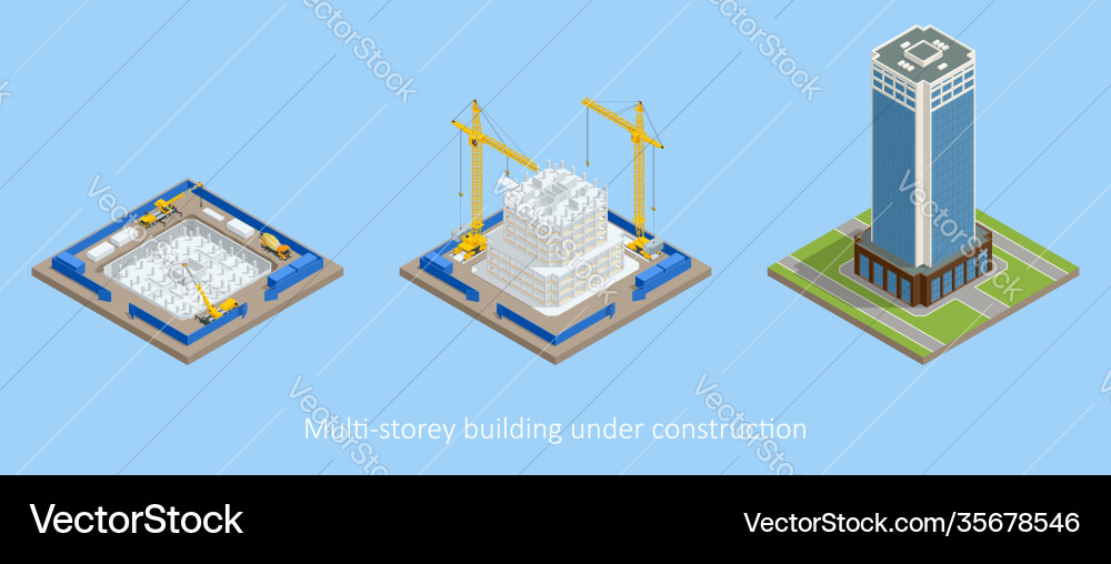 Isometric skyscraper construction process Vector Image