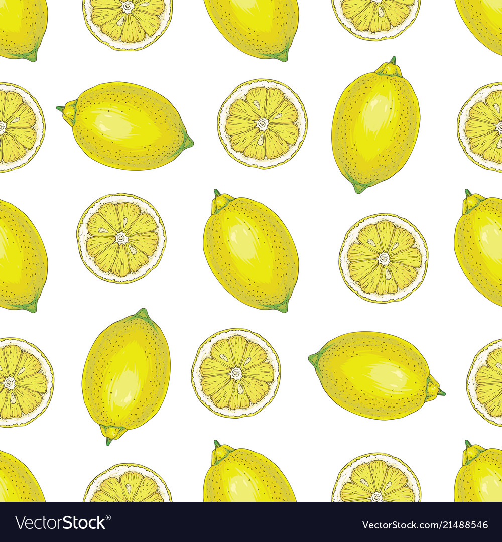 Seamless pattern with whole lemons and slices