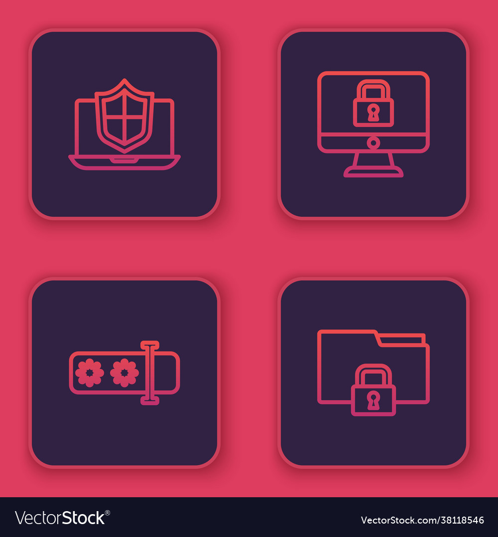 Set line laptop protected with shield password vector image Set line laptop protected with shield password