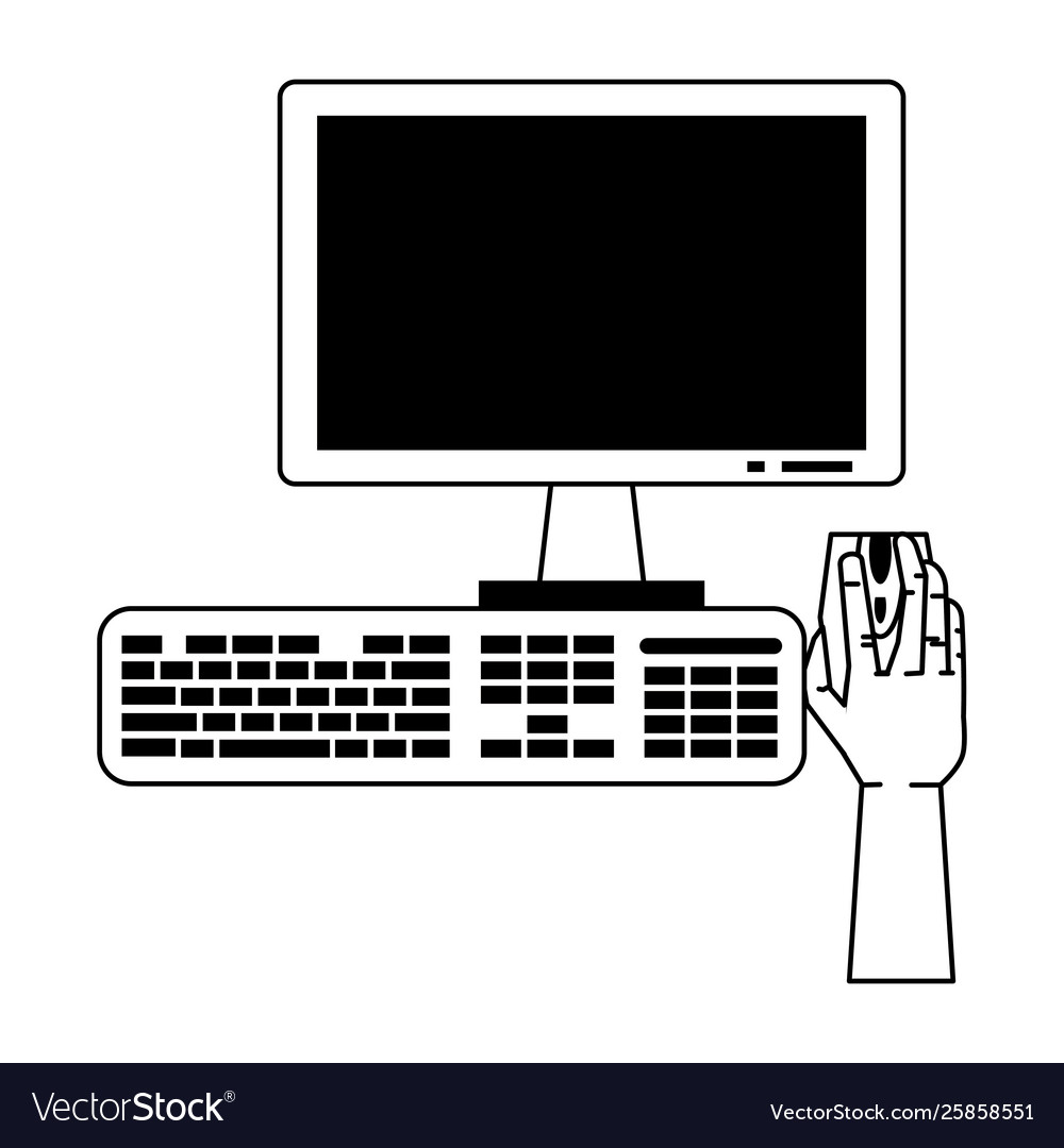 Hand using desk computer with mouse monitor