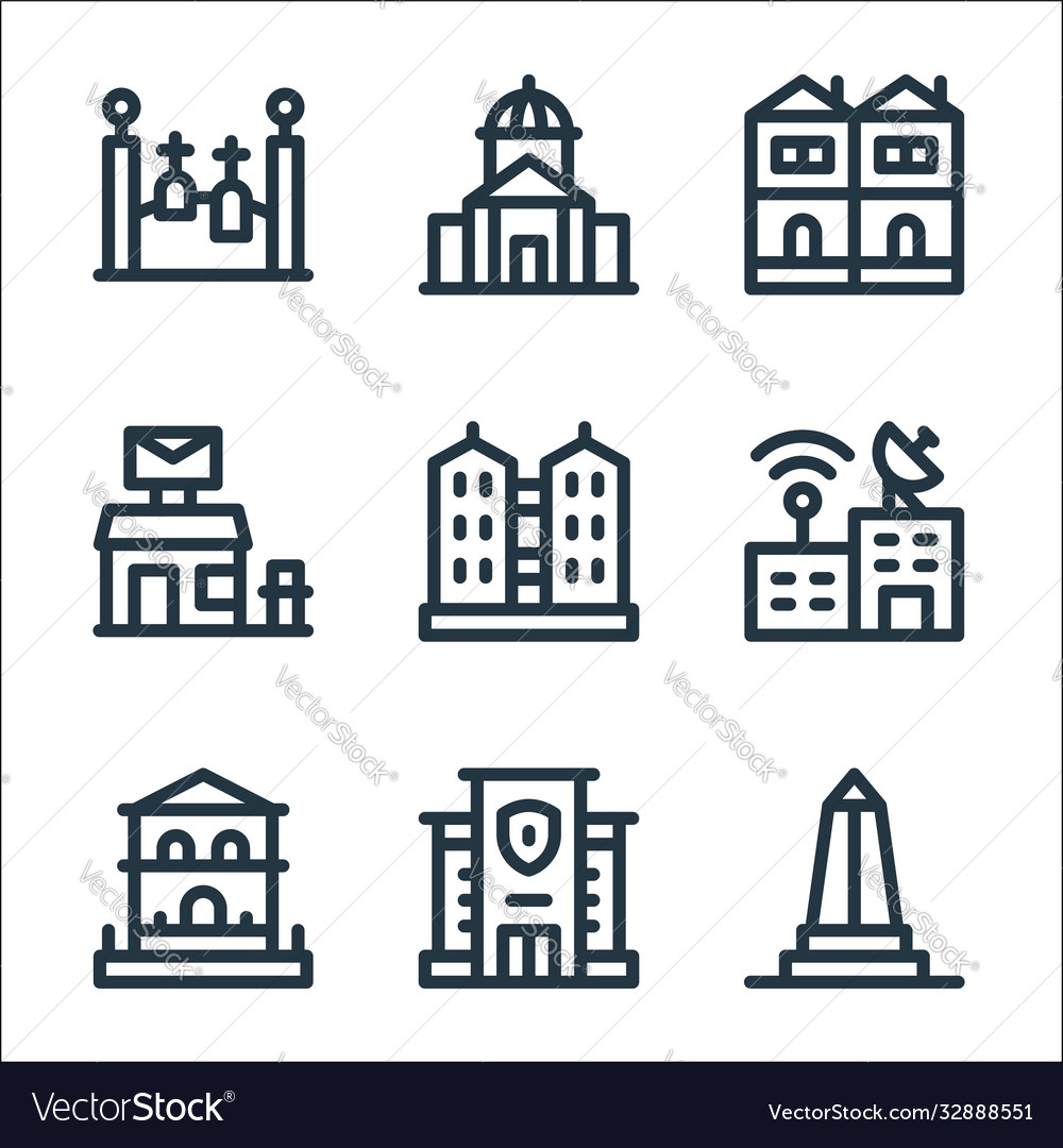 Urban building line icons linear set quality vector image Urban building line icons linear set quality