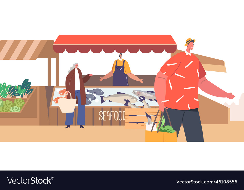 People shopping goods at outdoor food market Vector Image