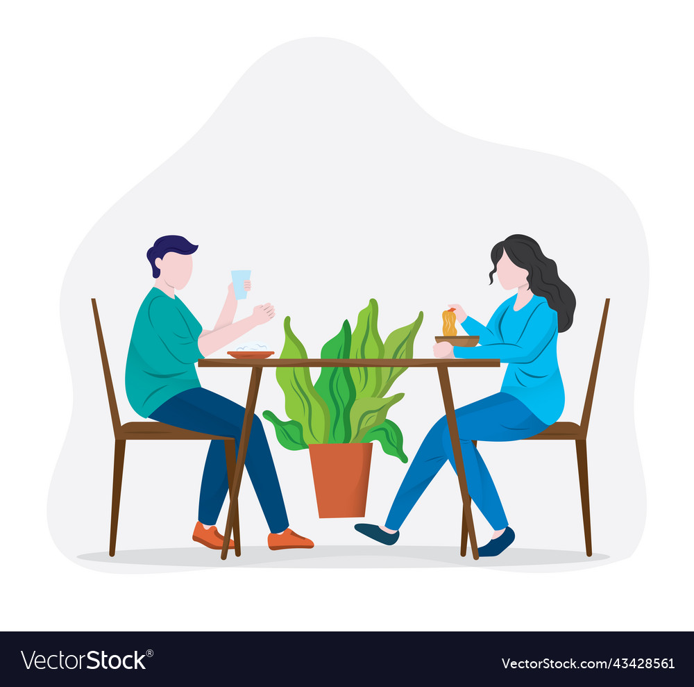 People eating food at home colored flat graphic