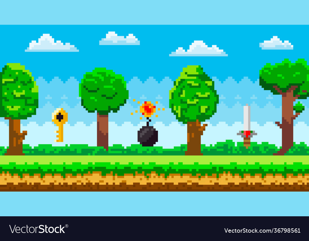 Pixel art game background with reward object vector image Pixel art game background with reward object