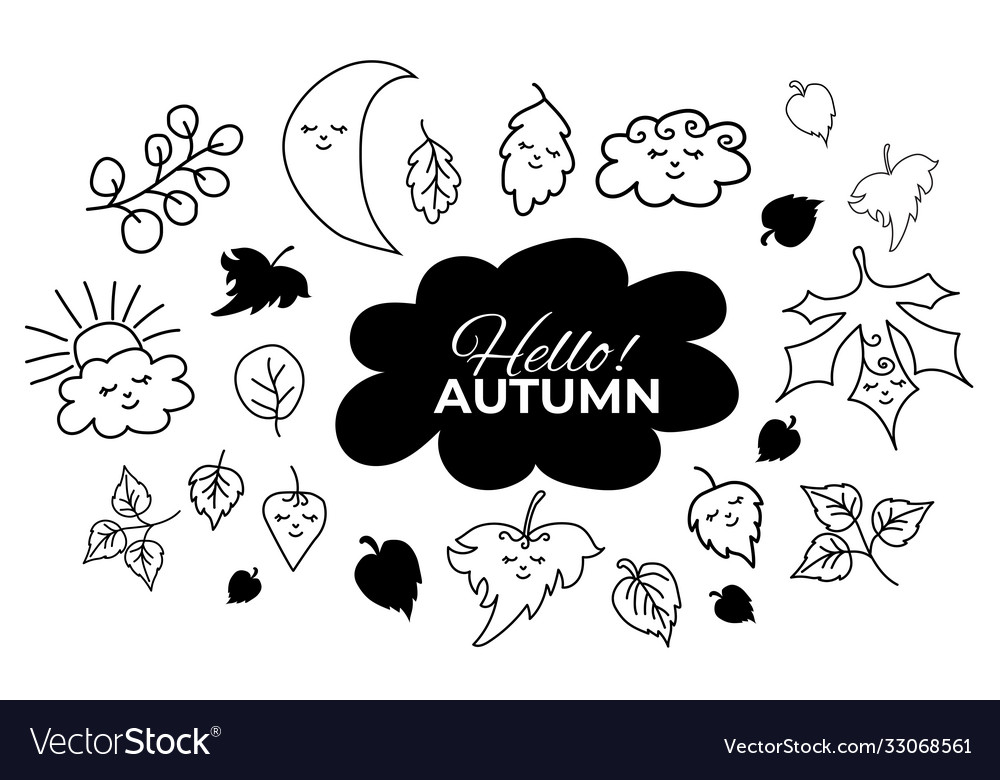 Set autumn drawings leaves moon