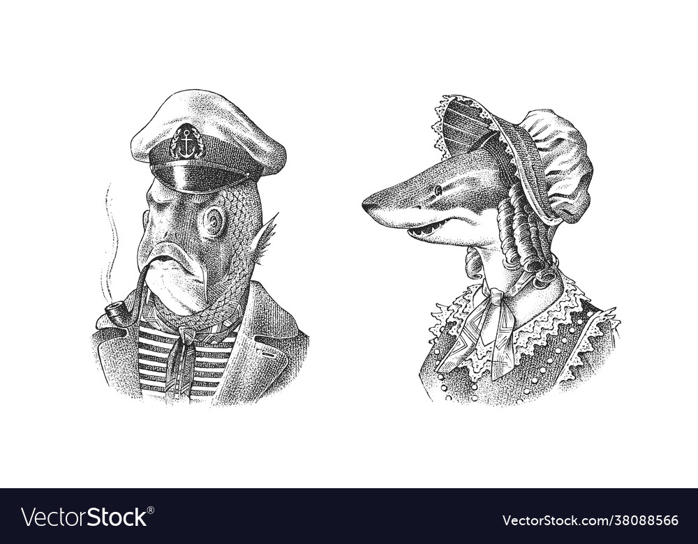 Fish man sailor with a pipe victorian lady vector image Fish man sailor with a pipe victorian lady