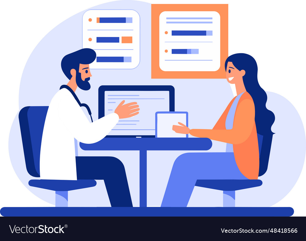 Hand drawn doctor talking to patient at hospital Vector Image