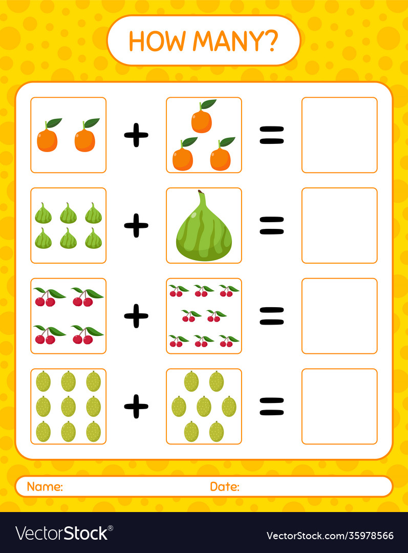 How many counting game with fruit worksheet vector image How many counting game with fruit worksheet