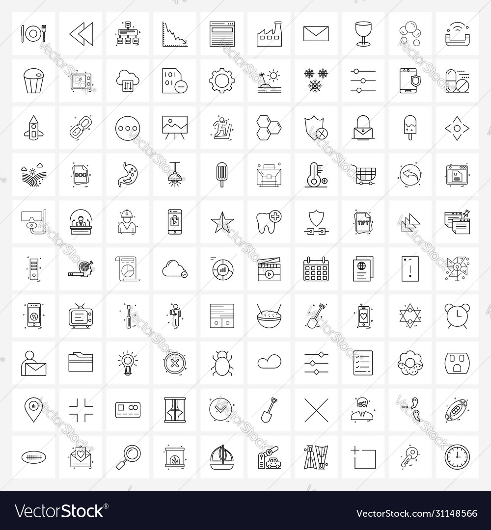 Simple set 100 line icons such as browser