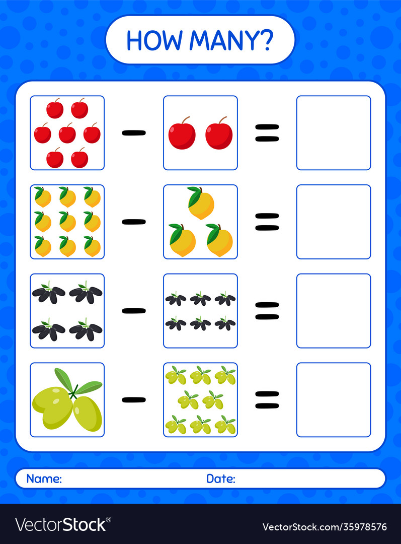 How many counting game with fruit worksheet Vector Image How many counting game with fruit worksheet