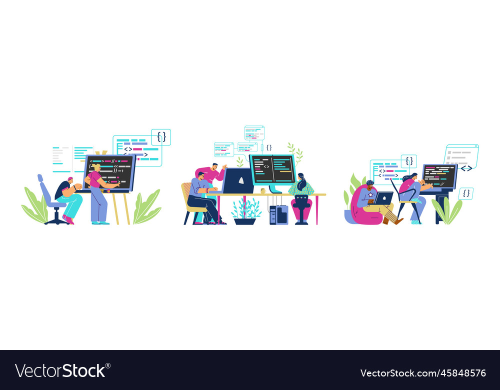 People coding on laptops set of abstract flat vector image People coding on laptops set of abstract flat