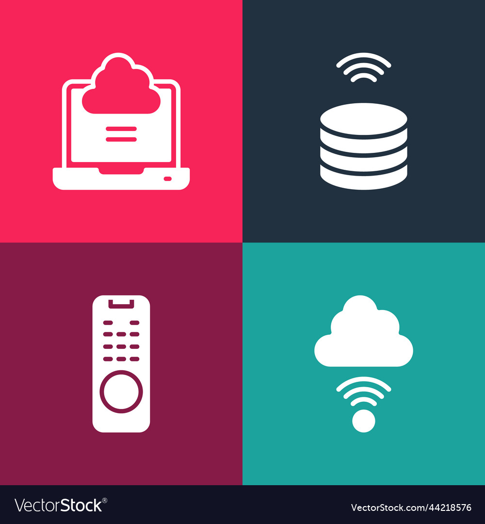 Set pop art network cloud connection remote vector image Set pop art network cloud connection remote