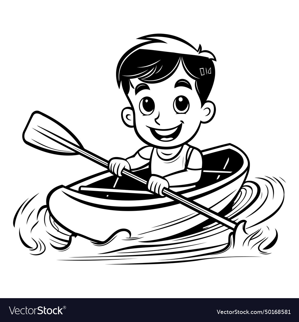 Cartoon boy rowing a kayak black and white Vector Image