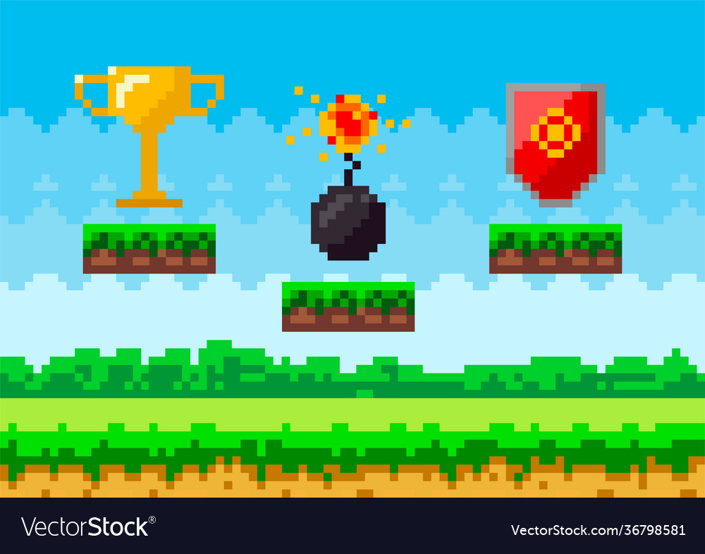 Pixel art game background with reward object vector image Pixel art game background with reward object