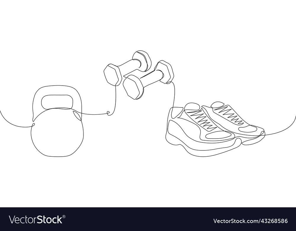 Fitness set with sneakers and kettlebell one line