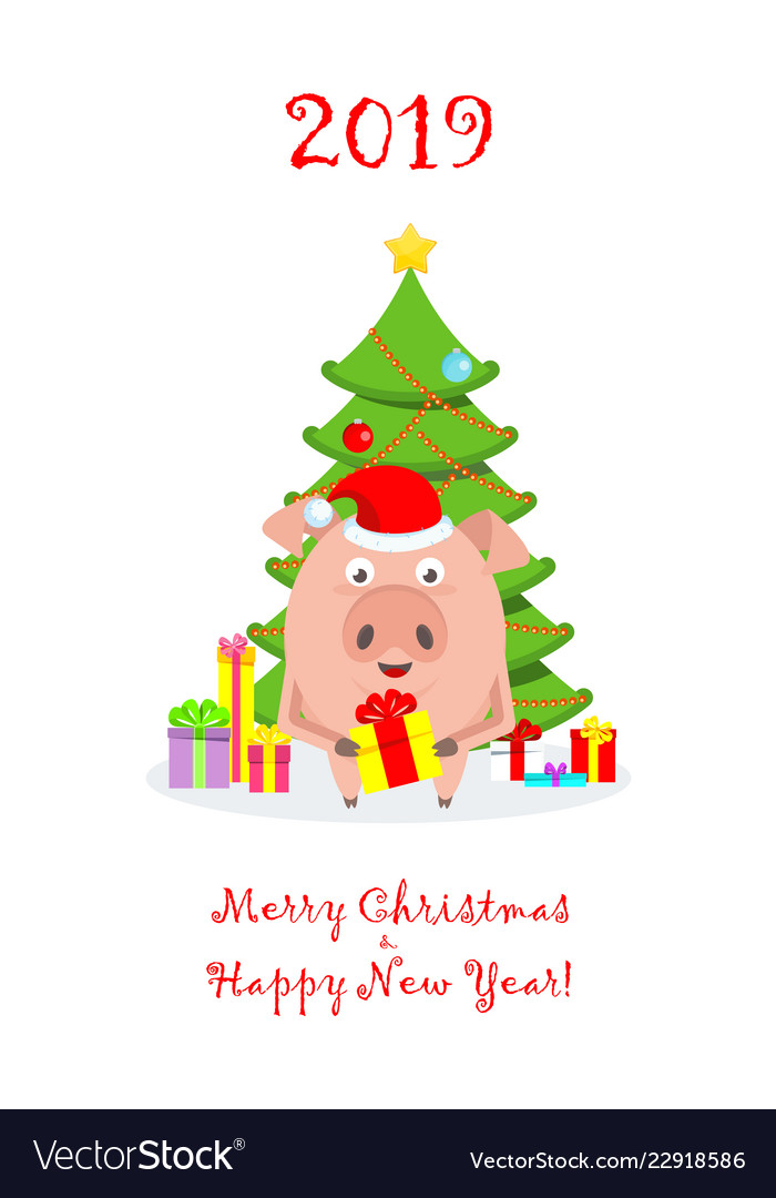 Greeting card with funny merry pig in santa claus