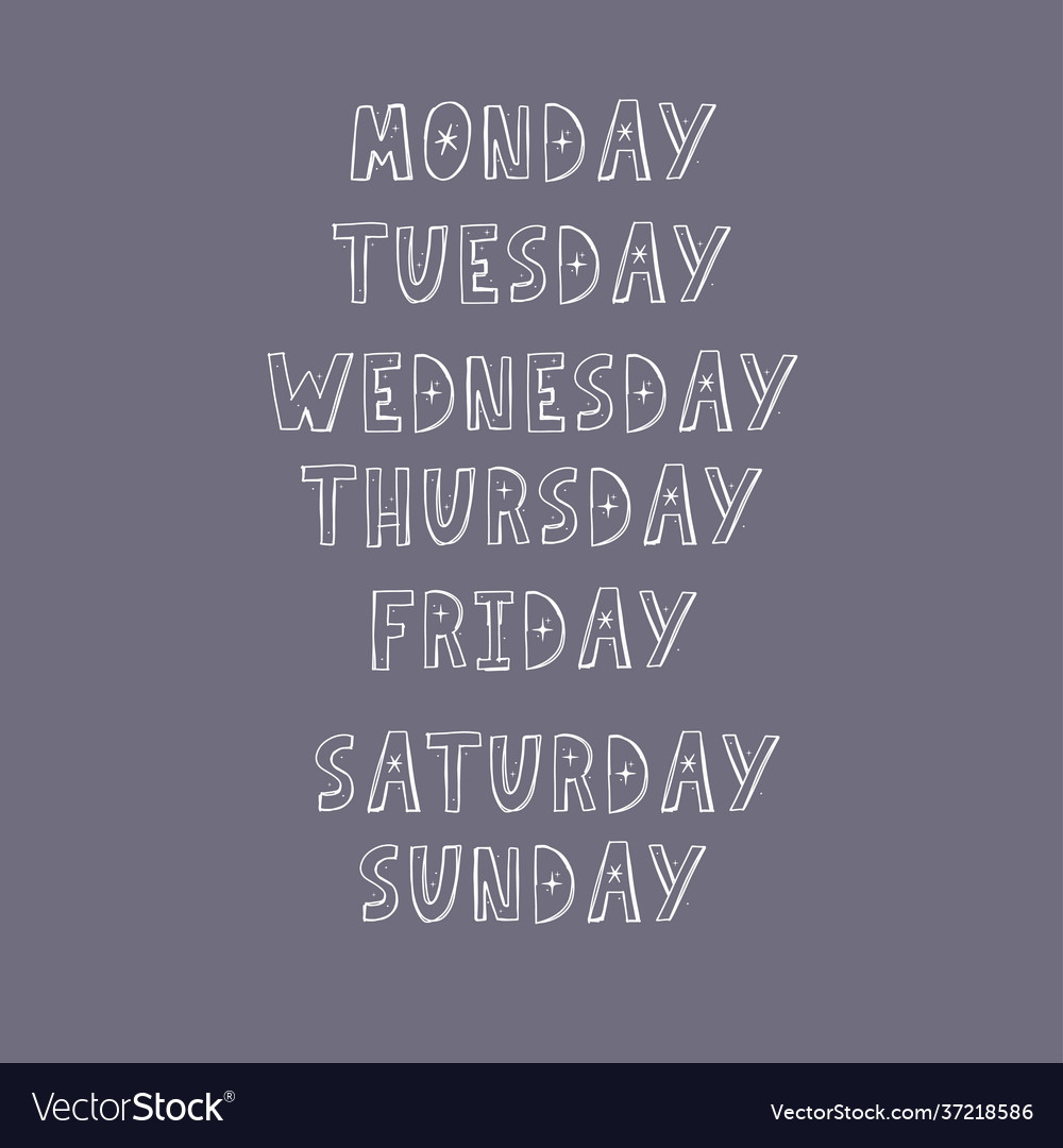 Handwritten Days Week Sunday Monday Tuesday Vector Image