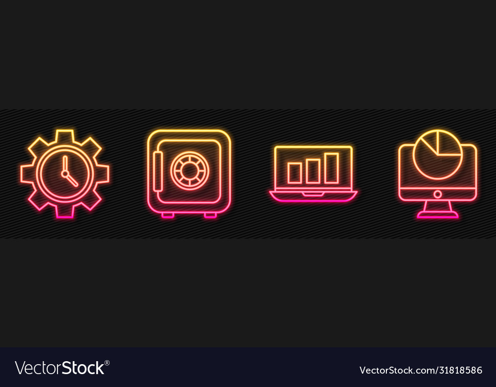 Set line laptop with graph chart time management vector image Set line laptop with graph chart time management