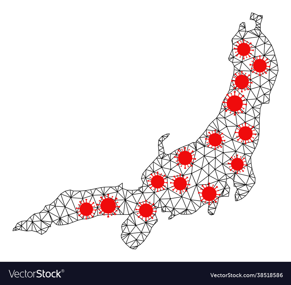 Wire frame polygonal map honshu island with red vector image Wire frame polygonal map honshu island with red